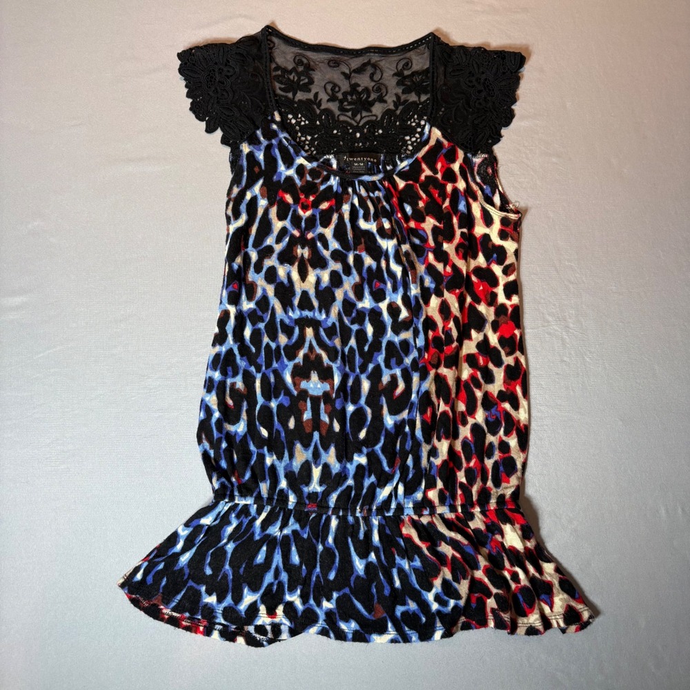Twentyone Womens Y2K Blue Red Leopard Print Lace Yoke Peplum Top Medium USA Made
